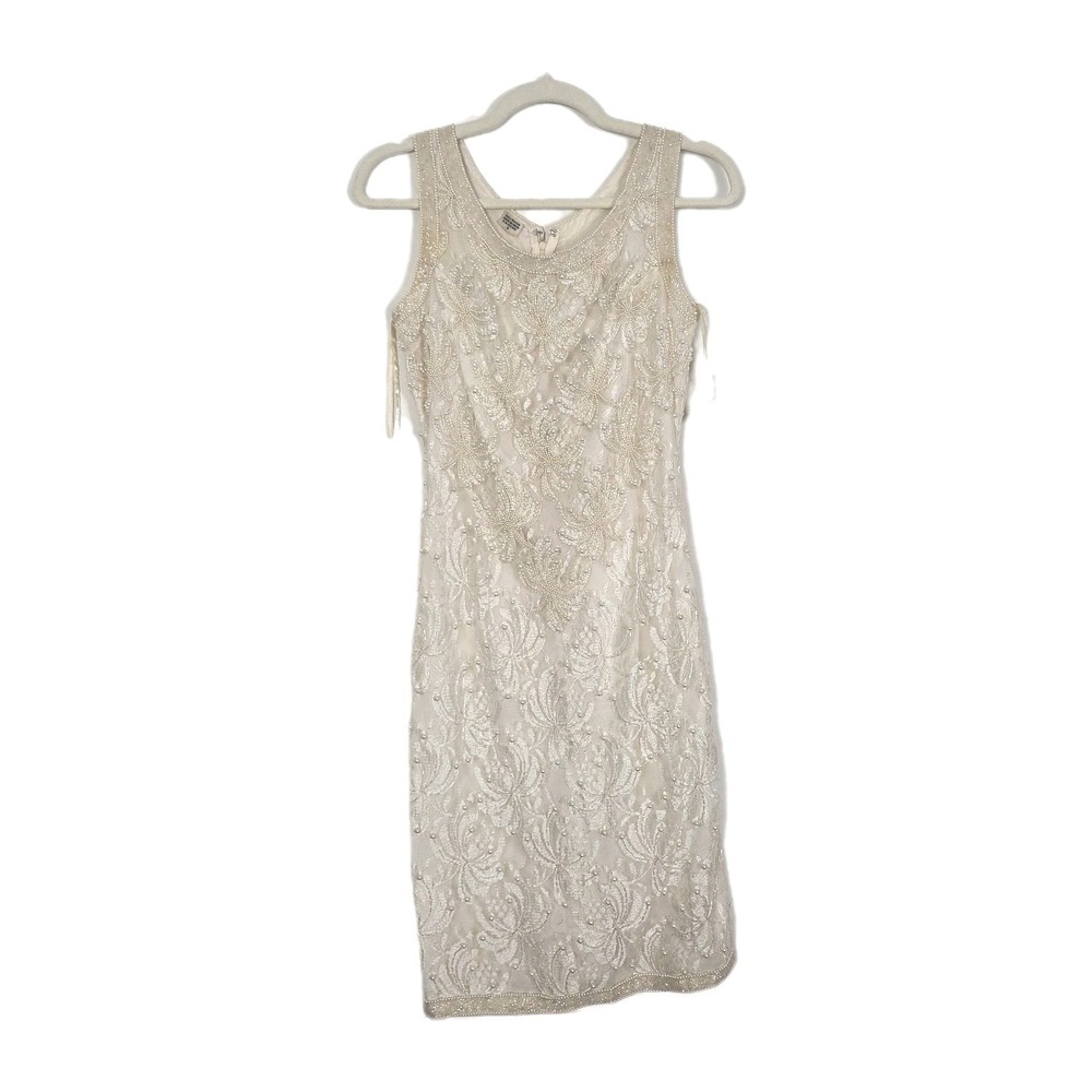 VTG 100% Rayon Beaded Dress Cream Sleeveless Lace Art‎ Deco Style Midi — AS IS.